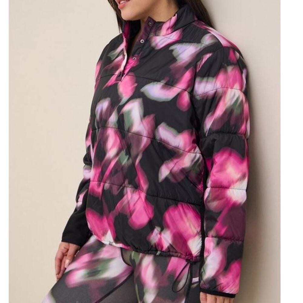 Happy Camper By Torrid Floral Pink Black Puffer Active Fleece Sweater Pullover